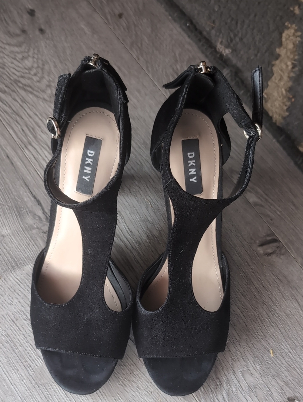 DKNY Black T-Strap Leather Suede Women's Heels